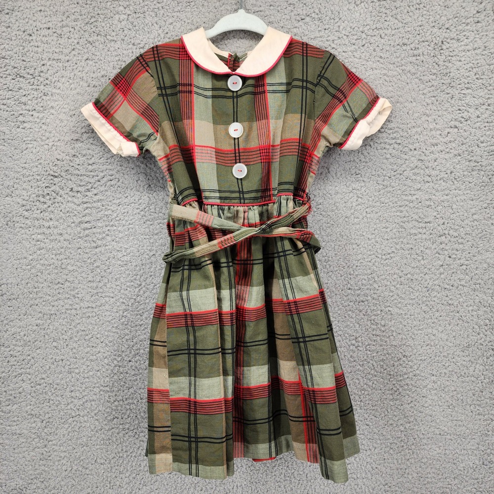 Vintage‎ Toddler Girls Green Red Plaid Dress Peter Pan Collar Holiday Retro 2T